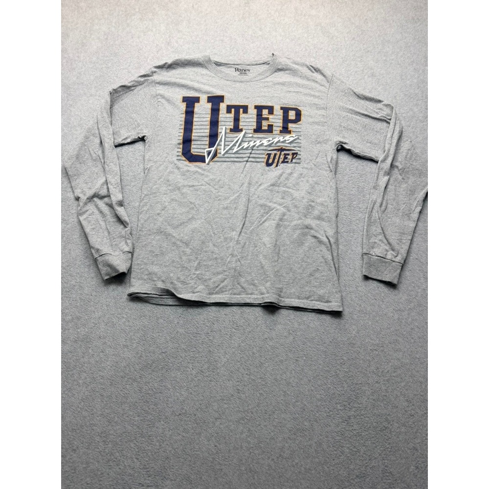 Hanes UTEP Miners Long Sleeve T-Shirt Mens Medium Gray Collegiate Graphic Tee